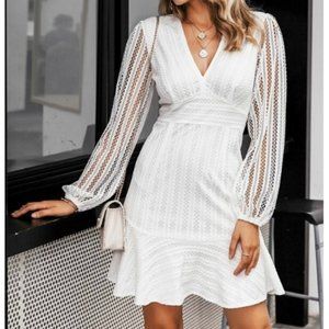 Simplee Plunge Neck Ruffle Hem Lace Dress
